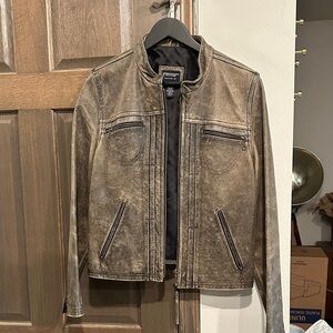 American Eagle Outfitters Distressed Moto Leather Jacket - Black-Brown